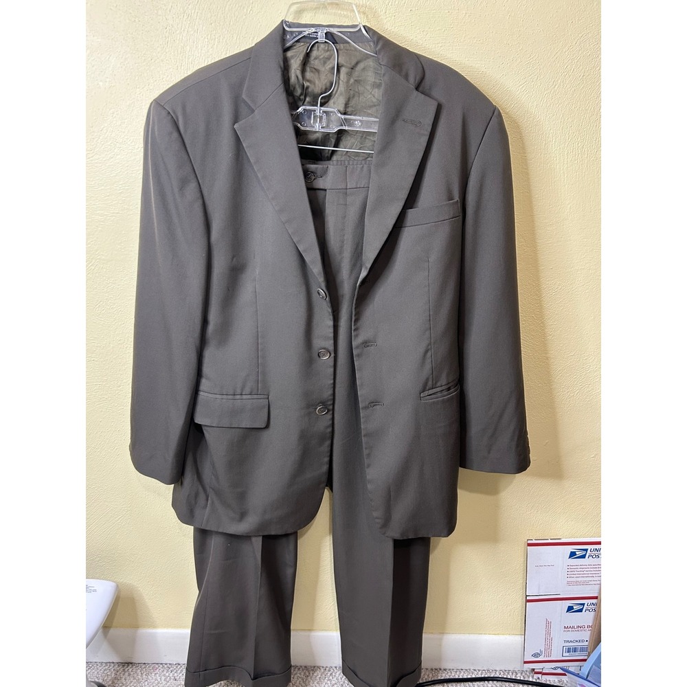 Haggar Black Label Mens 2 Piece Suit Brown Gray Pleated Cuffed 34x30 Wool Blend